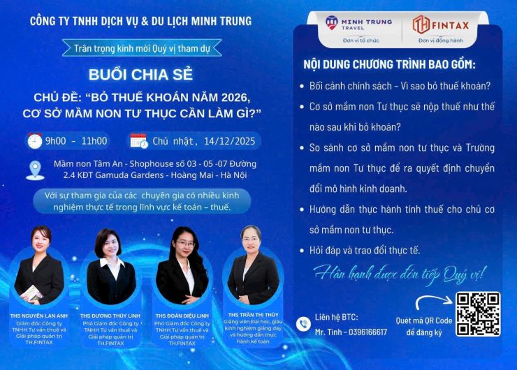 BUỔI CHIA SẺ VỀ CHỦ ĐỀ: “BỎ THUẾ KHOÁN 2026 – CƠ SỞ MẦM NON CẦN LÀM GÌ?”